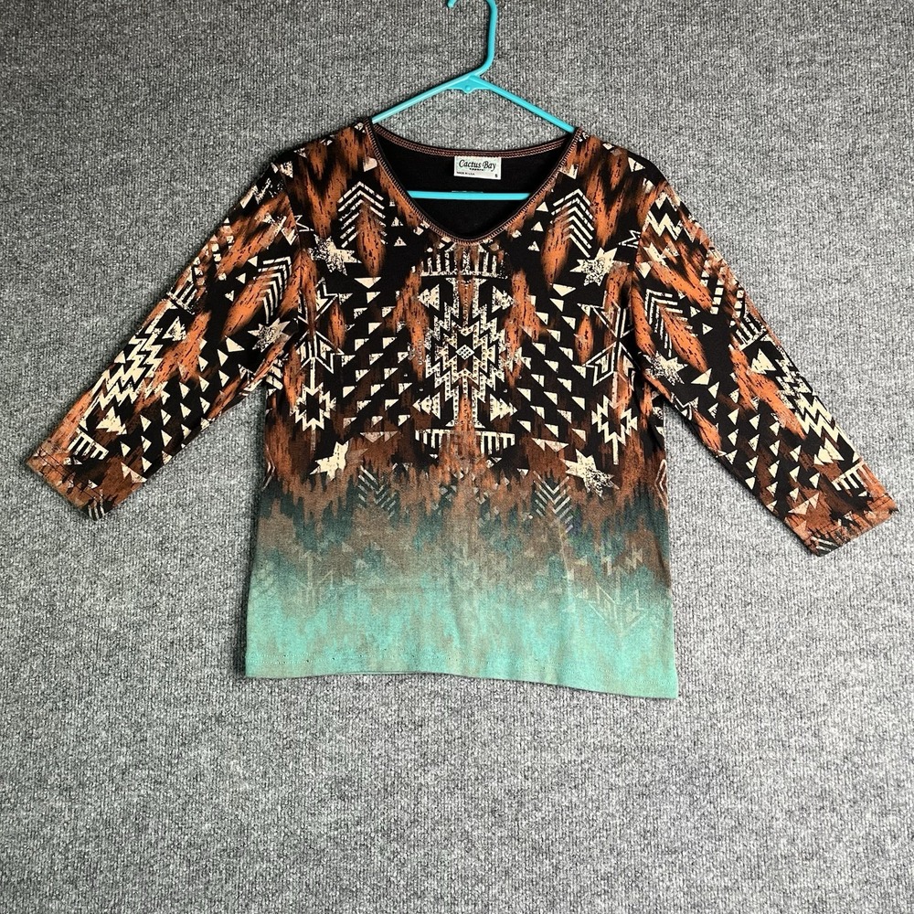 Cactus Bay Shirt Womens S Brown Turquoise Aztec Print Rhinestone Western USA